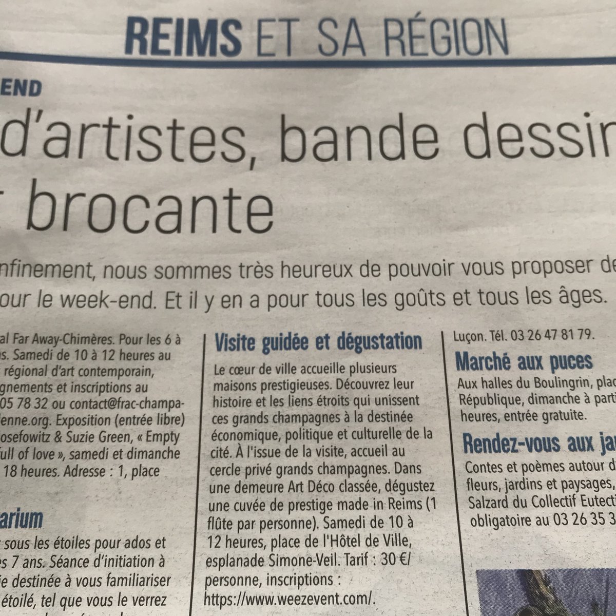Mille merci au journal @UnionArdennais d'avoir mentionné notre nouvelle visite dans son agenda du week-end. Malheureusement l'adresse de la billetterie est incomplète. Réservez votre balade ici weezevent.com/lesgrandschamp…
#reims #visitreims #grandschampagnes #champagne