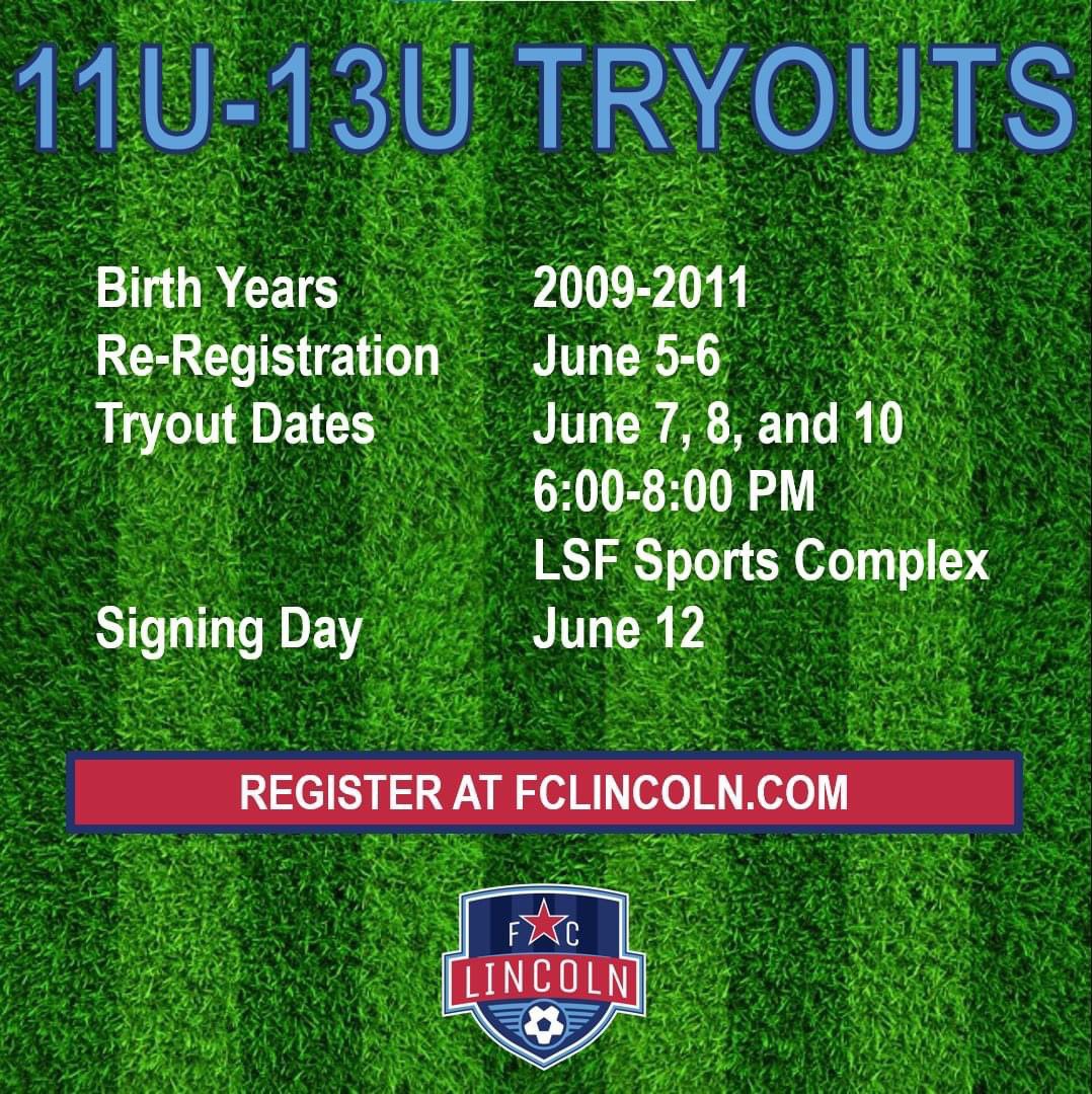 FCLincoln1's tweet photo. Calling all young ladies born 2009 - 2011!!! Tryouts start Monday, June 7th! Register today and be part of one Lincoln’s most successful programs. #forlincolnbylincoln https://t.co/RZMhLA3m4U
