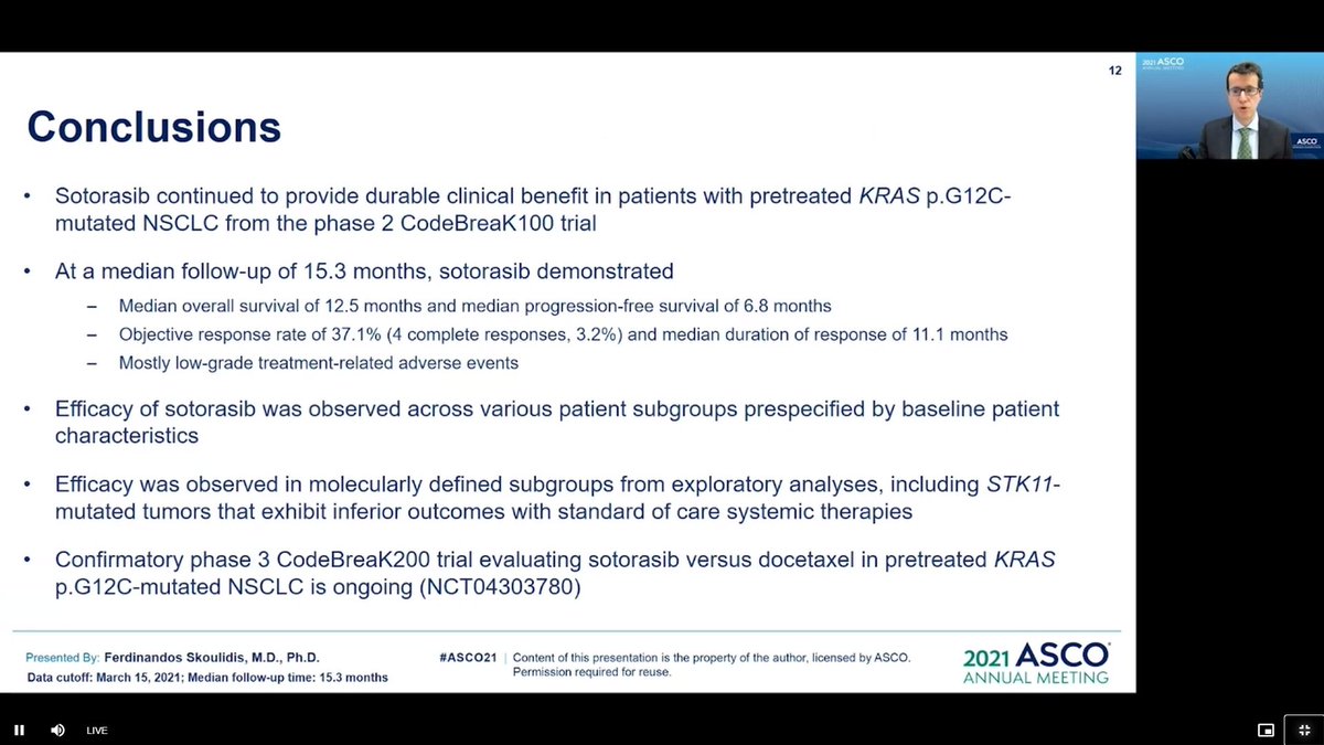 LUNGevity's tweet image. Overall survial benefit in KRAS+ NSCLC patients as seen in Codebreak 100 clinical trial #Thisishope #ASCO21