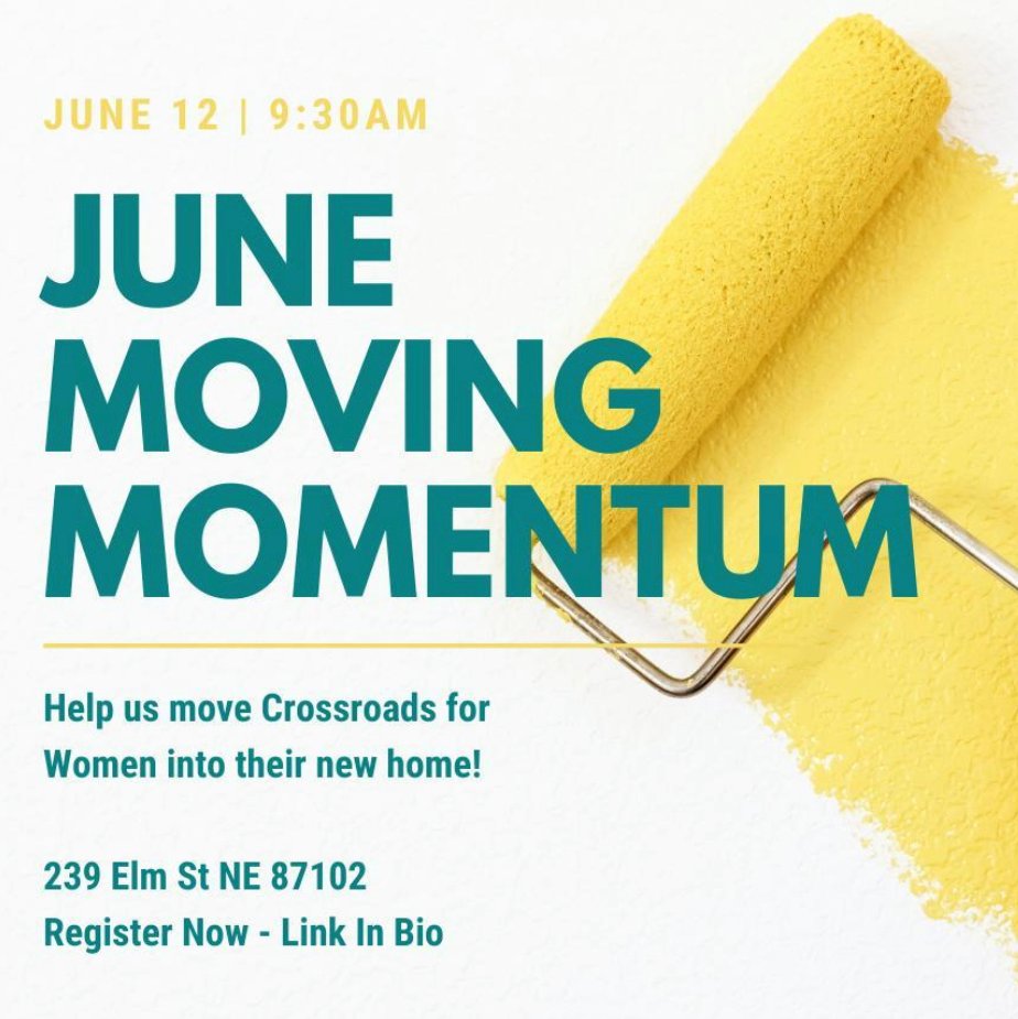 Join us 6/12 as we #volunteer for <a href="/crossroadsabq/">Crossroads for Women</a> and help them move into their new home! We'll be helping with the cleaning, organizing, and painting of their new space! 🧹🏠 Sign up:

9:30am Registration: bit.ly/3g7ugGp
11:30am Registration: bit.ly/3zdbia6