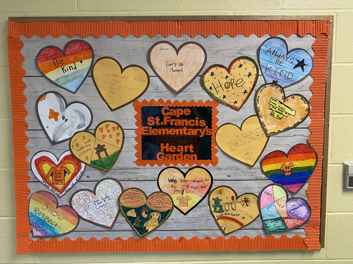 MrsDinn's tweet photo. Students at @csfelementary created our very own Heart Garden to show support for former students of residential schools🧡@NLESDCA @TheRooms_NL @judy_foote https://t.co/mGJBJx8T5p