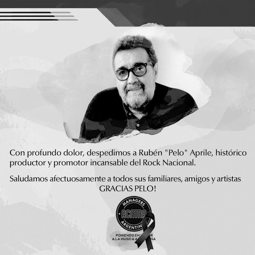 Con profundo dolor, despedimos al querido Ruben "Pelo" Aprile, histórico productor y promotor incansable del Rock Nacional.

Saludamos afectuosamente a todos sus familiares, amigxs y artistas en este difícil momento. GRACIAS PELO!