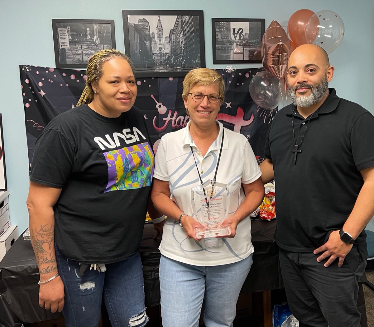 THANK YOU! Dispatcher Terri Koehnlein is leaving after 39 years of dedicated service in our Fire Communications Center. FCC Supervisor Nashia Roper and Chief Dispatcher Angel Rodriguez were among the many people wishing her a happy retirement!