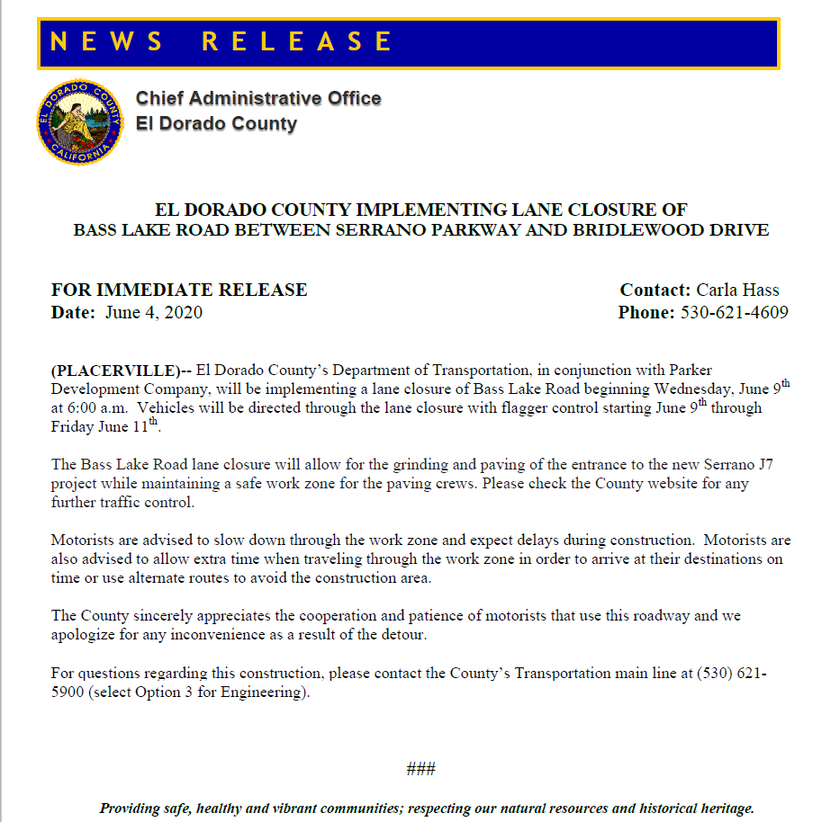 Upcoming Road Closure: Bass Lake Road will be closed from June 9-11, 2021. Information here and below. ow.ly/mQQD50F3kcf