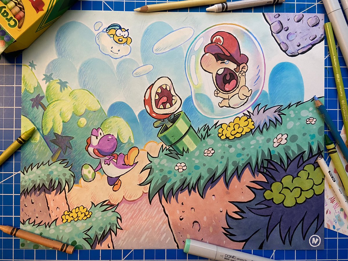 Yoshi's Island (Copic marker, crayon and colored pencil), image size:1200x900
