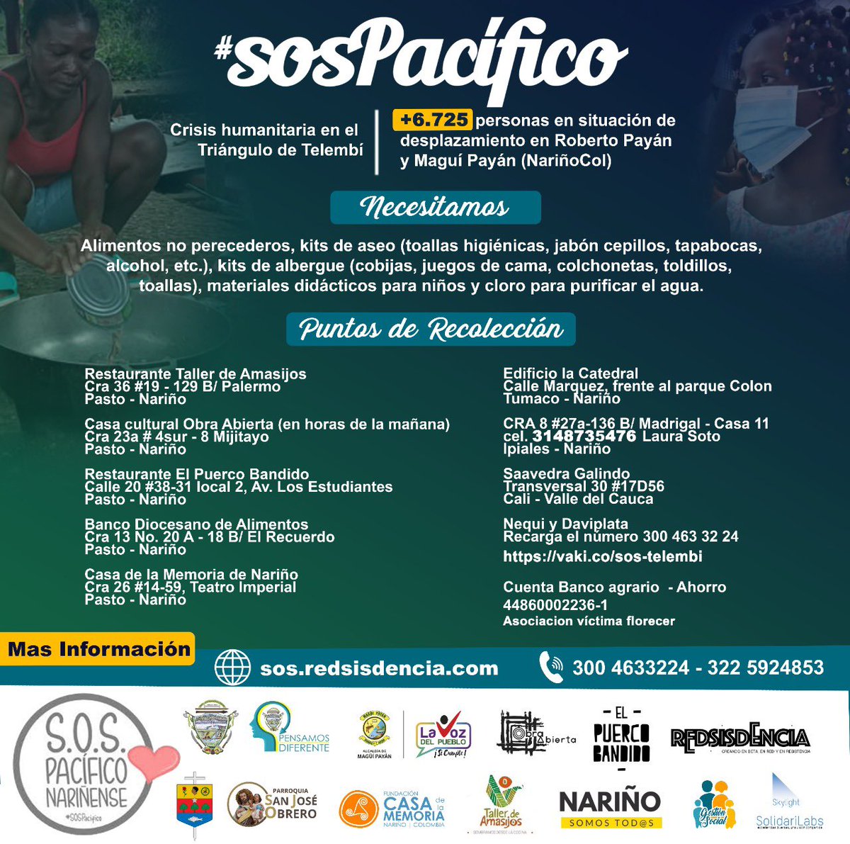 #SOSPacífico es la campaña que busca responder a la crisis humanitaria por personas en situación de desplazamiento en #RobertoPayán y #MaguíPayán, Nariño donde con alimentos y ayudas económicas en:

sos.redsisdencia.com <a href="/LuciaEBaena/">Lucia Esparza Baena</a> <a href="/paulocesarpaz/">@PauloPaz</a> <a href="/Cuadrado/">Juan Cuadrado</a> <a href="/vlahebo/">Vladimir Hernández Botina</a>