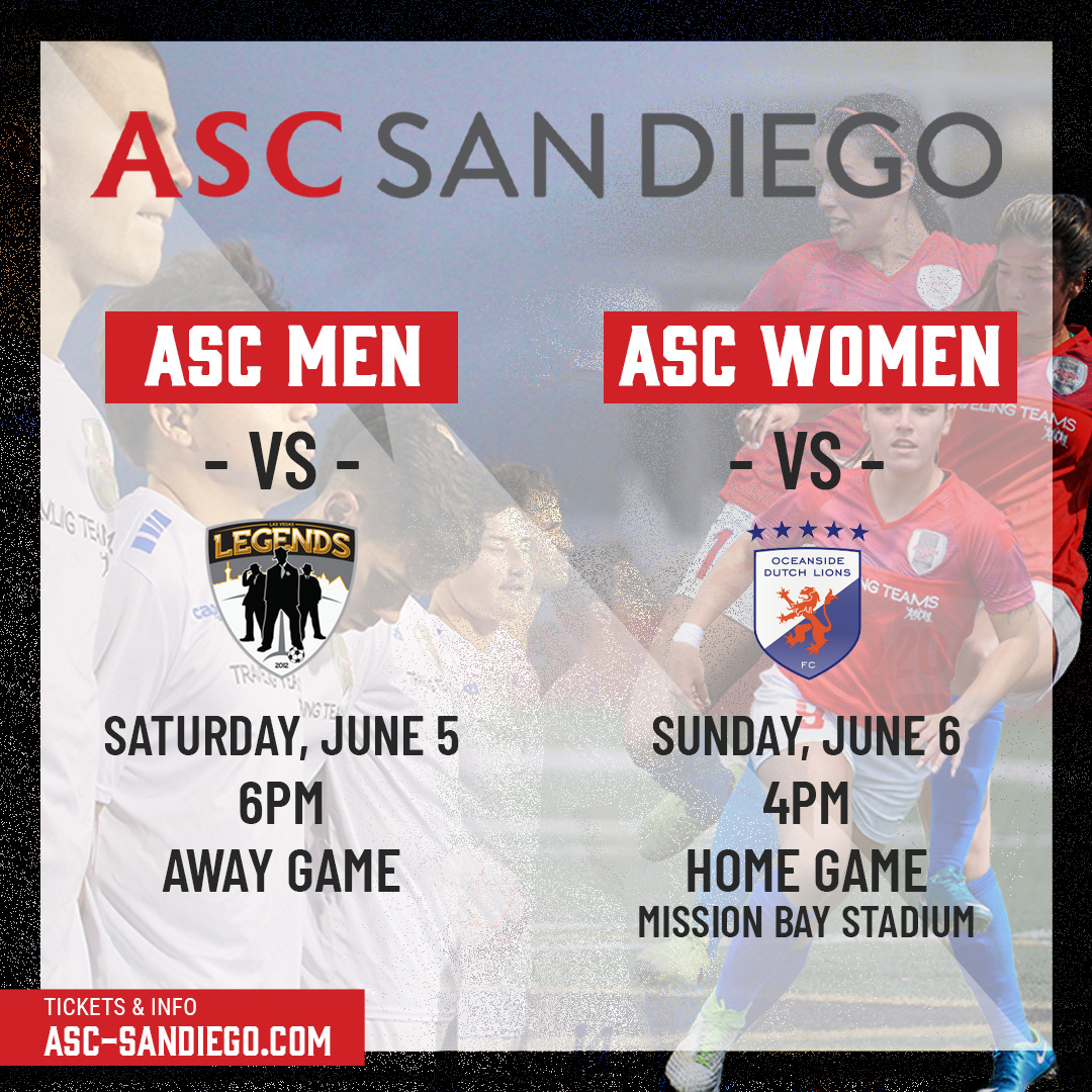 ascsandiego's tweet photo. Are you ready for the weekend? ⚽🔥⚽🔥
Tomorrow, Saturday, June 5th, ASC Men’s team play at 6pm at @LasVegasLegends!
And Sunday, June 6th, #ASCWomen kick off the @WPSL 2021 Season playing home at Mission Bay Stadium, 4PM, vs. Oceanside Dutch Lions.
#GOASC #ASCSD #WePlayForSD https://t.co/kBA9lqLz96