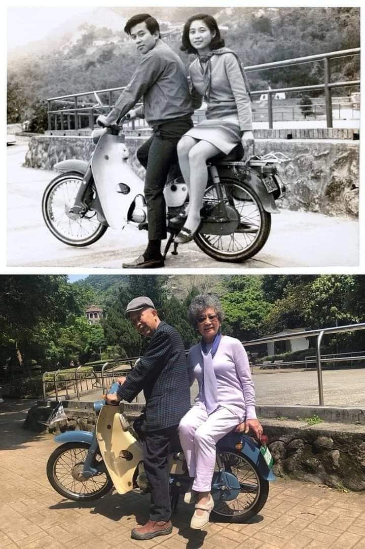 Mismo lugar, misma motocicleta y... misma pareja. 
1967--2021