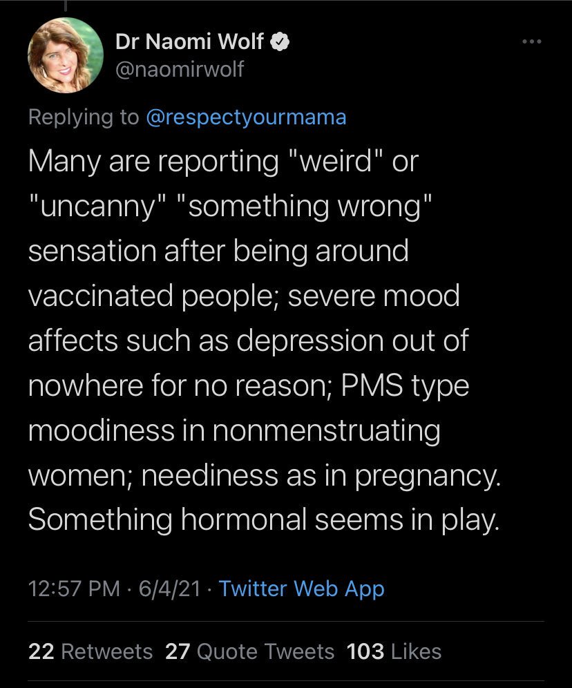 This is just stupid. There is a zero percent chance; not a minuscule chance, not potentially possible, not something to be looked at, I mean absolutely no chance that vaccinated people are shedding something to cause a hormonal response in others. Zero.