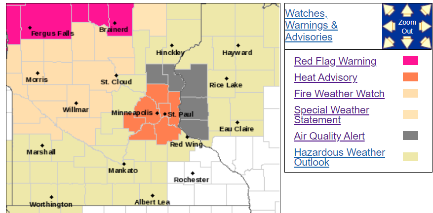We're running out of colors on the weather map. Multiple warnings/advisories across Minnesota now. Heat advisory, Red Flag Warning, Fire Weather Watch, Air Quality Alert. #mnwx
https://t.co/cAwEYAVtxf https://t.co/n8ORPJUX79