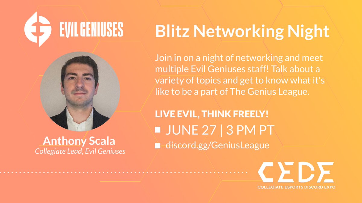 UniGameNetwork's tweet image. Ready to hatch some diabolical plans? 😈

Join @AnthonyScala4, collegiate lead for @EvilGeniuses, in The Genius League Discord server on June 27 at 3PM PT for a blitz networking mixer! 

🔗discord.gg/GeniusLeague