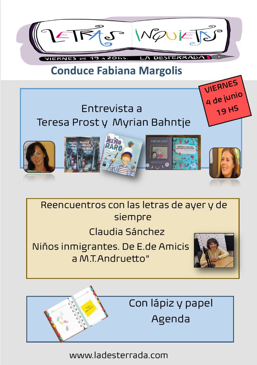 Hoy nos visitan Teresa Prost y <a href="/myrianbahntje/">Myrian Bahntje</a> para hablar sobre sus libros y sus proyectos.
Te esperamos a las 19 en 👉👉<a href="/Ladesterrada/">LA DESTERRADA</a>