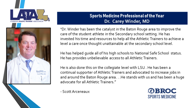 LSUAthTraining's tweet photo. Congrats to Dr. Carey Winder for being named the Sports Medicine Professional of the Year by the Louisiana Athletic Trainers' Association! https://t.co/tfdZBdxD3e