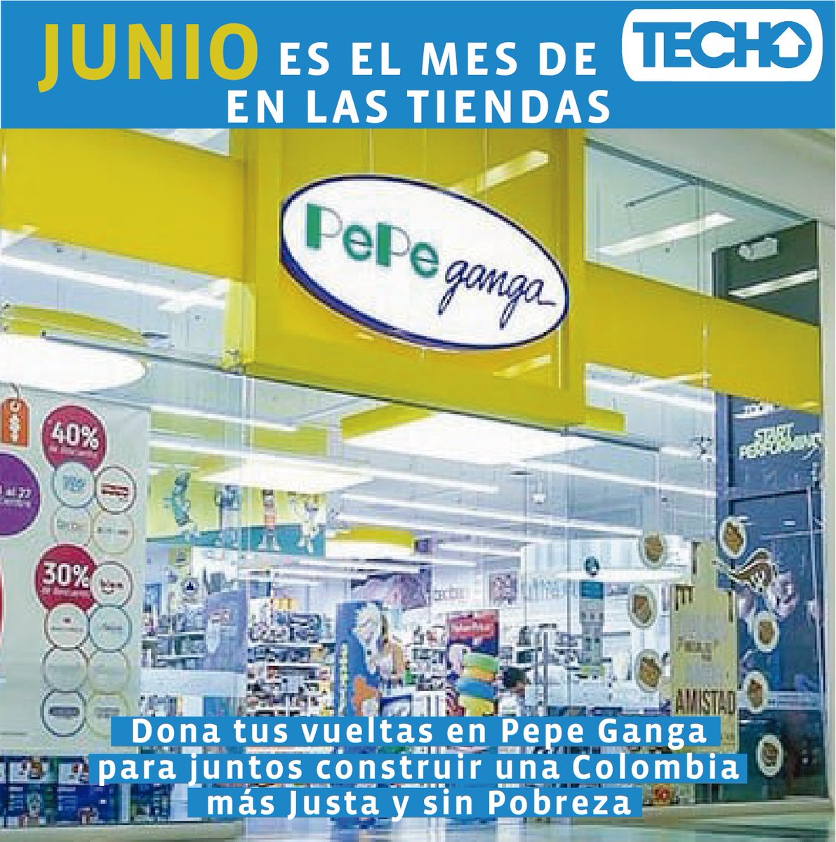 TECHO_col's tweet photo. #Junio es el mes de #TECHO en todas las tiendas #PepeGanga del país🙌
No dejes de #Apoyar nuestra #CausaSocial donando tus vueltas en las cajas de #PepeGanga, juntos seguimos aportando a la construcción de una #Colombia más #Justa y sin #Pobreza 💙
#TECHOconHECHOS #AliadosTECHO https://t.co/m0JEPRoW0u