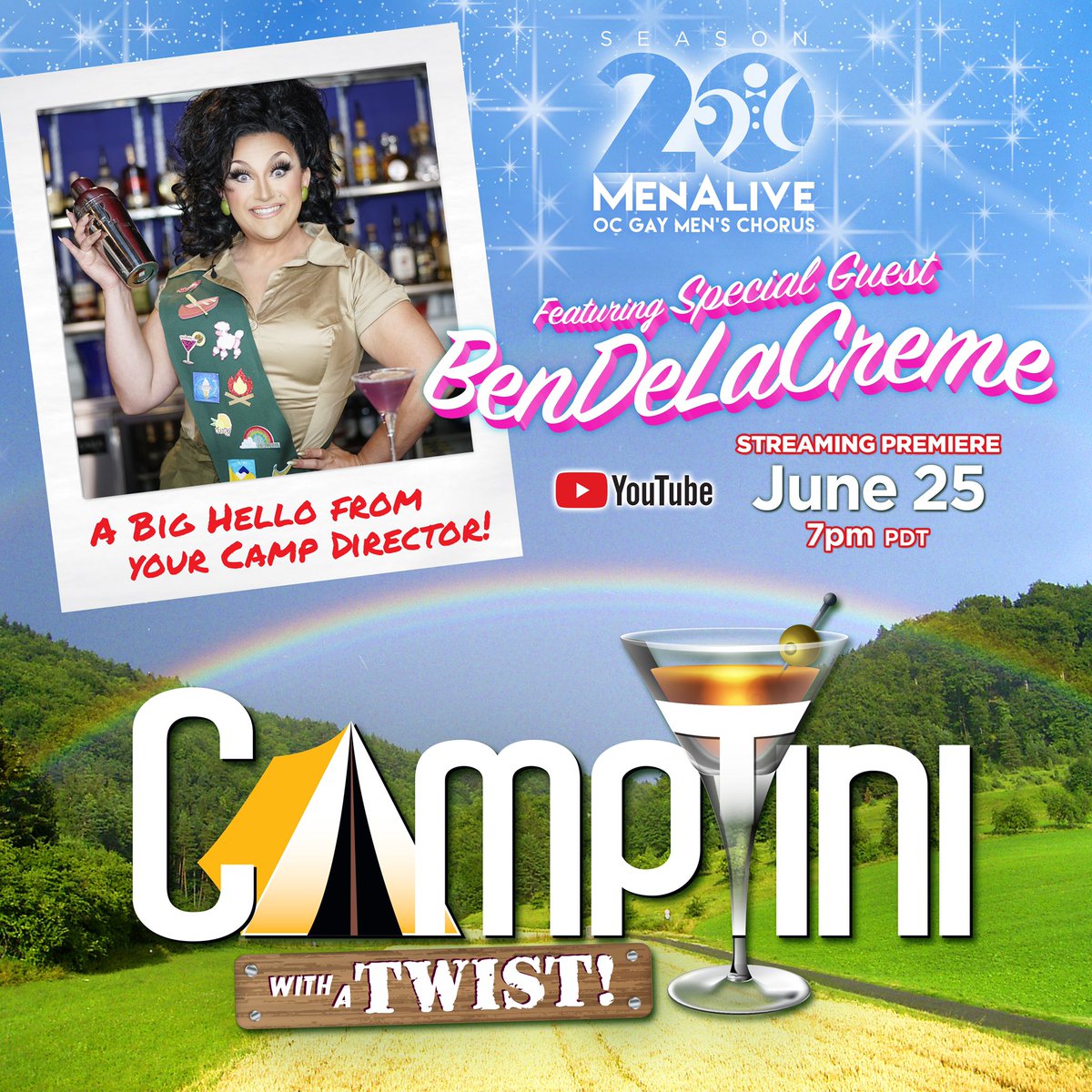 MenAliveChorus's tweet photo. #MenAlive puts the CAMP in Summer Camp! Don't miss our next fabulous #VirtualConcert "CampTini...with a Twist! premiering June 25 at 7pm PDT! Joining us as our Camp Director will be none other than @BenDeLaCreme ! Subscribe now to our YouTube channel >> 🌐 https://t.co/Qo5Rc91i1M https://t.co/cIYl3pSDrQ