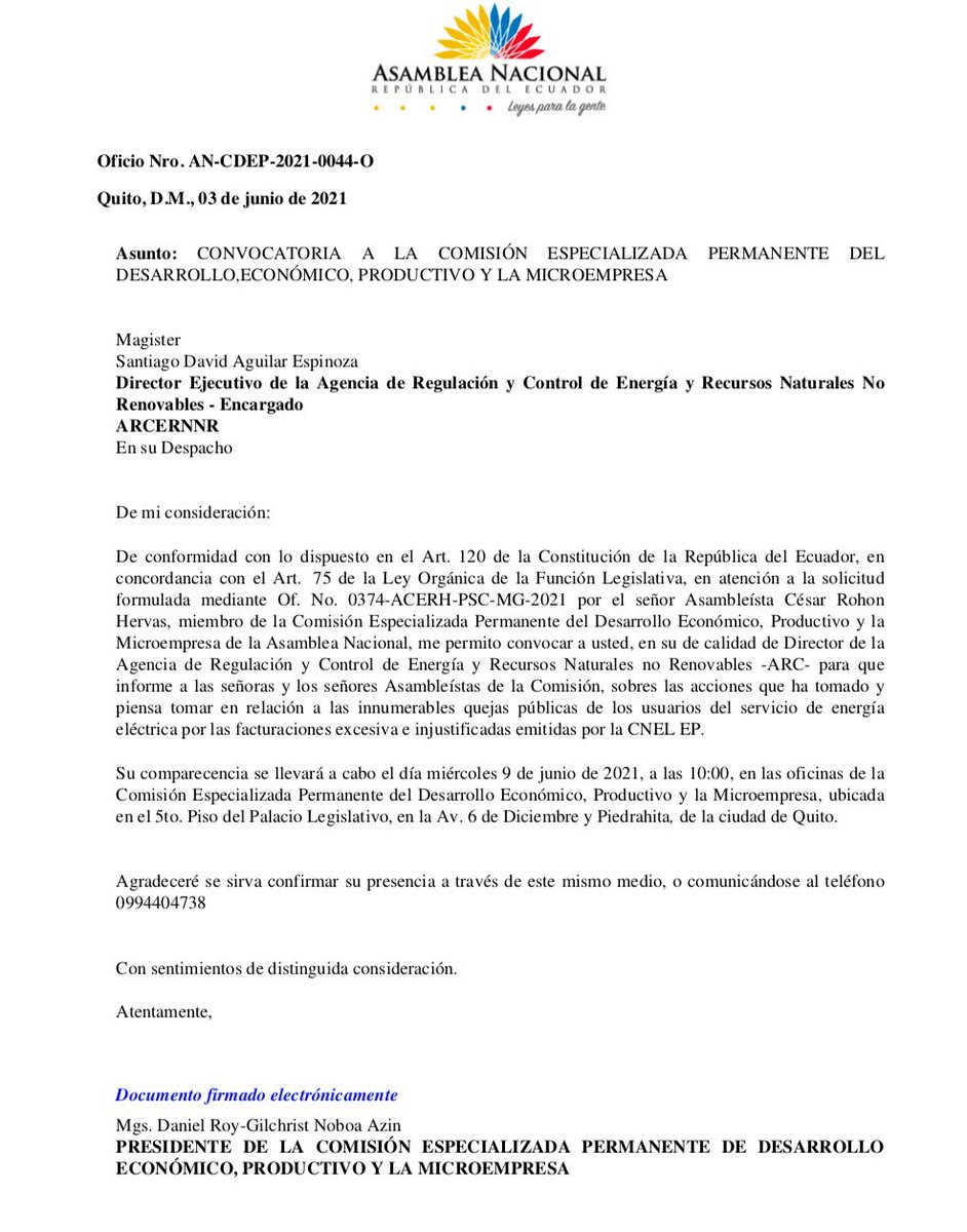 🛑Urgente: 
Como presidente de la comisión de <a href="/DesarrolloEcAN/">Desarrollo Económico, Productivo y la Microempresa</a> convoco oficialmente 
al Gerente de <a href="/CNEL_EP/">CNEL EP</a> y @ARC_EnergiaEc, para esclarecer y resolver las innumerables denuncias ciudadanas sobre los incrementos tarifarios del servicio de energía eléctrica. #CNEL