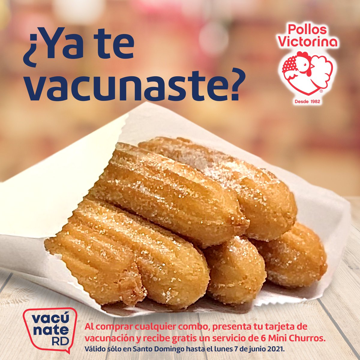 Continuamos apoyando la jornada de vacunación y hemos extendido la fecha... 

Compra cualquiera de nuestros combos en una de nuestras sucursales de SD, y al presentar tu tarjeta de vacunación de Covid-19, con 1ra y/o 2da dosis, recibes gratis un servicio de 6 Mini Churros.