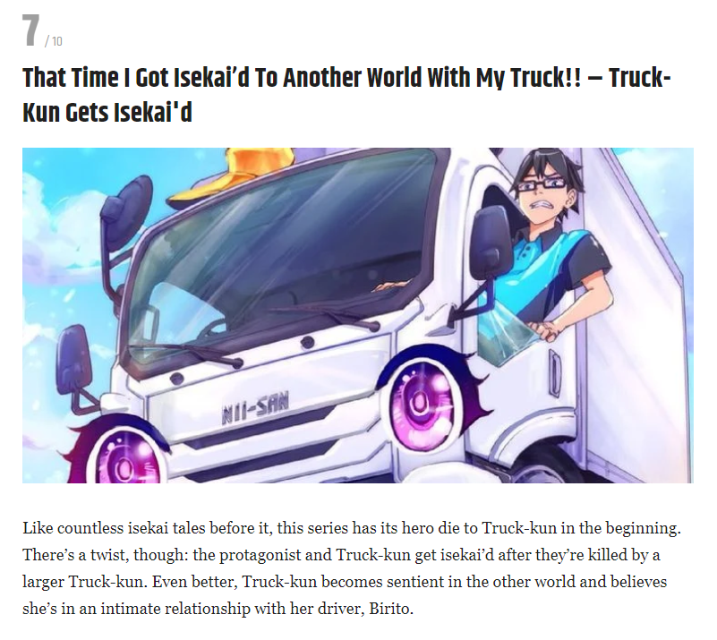 That Time I Got Isekaid With My Truck AnimeUproar on Twitter: "So @CBR just published an article called "10
