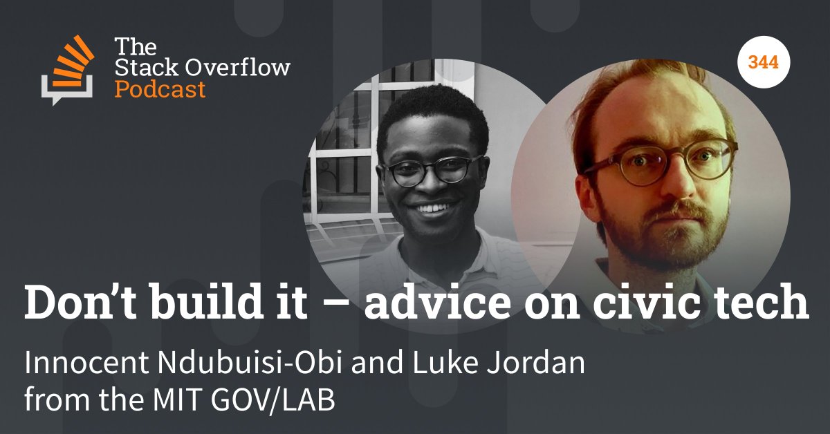 StackOverflow's tweet image. Today on the podcast, we chat with @iobijr and @lukesjordan from the MIT GOV/LAB about the unique challenges you face when trying to solve civic problems with software. 

Listen here: …stack-overflow-podcast.simplecast.com/episodes/dont-…