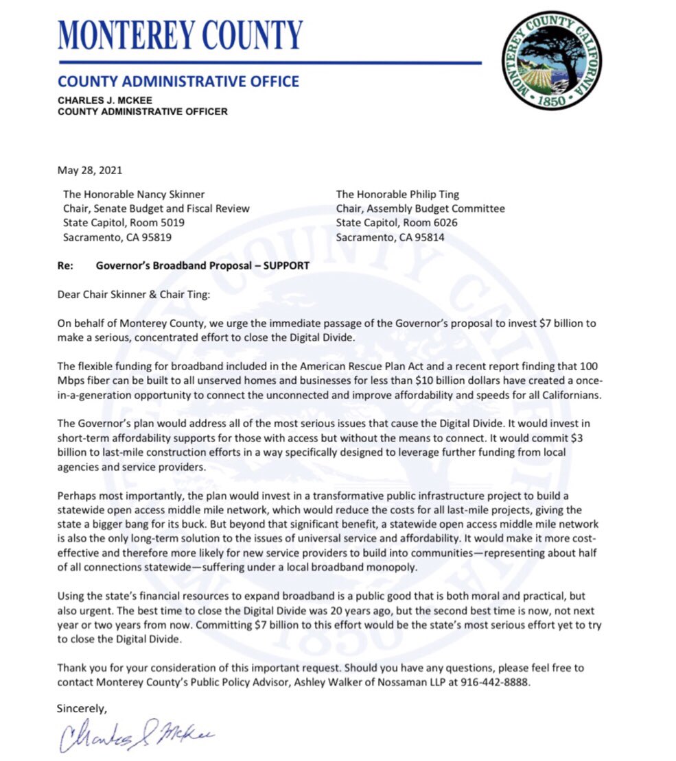 Luis Alejo⚖️ (@supervisoralejo) on Twitter photo Monterey County supports the Governor’s BROADBAND PROPOSAL!
California’s school children should never again have to access a fast food restaurant to continue their education.
Include Governor Newsom’s $7 Billion broadband package in the June Budget!💻 <a href="/GavinNewsom/">Gavin Newsom</a> <a href="/CSAC_Counties/">California State Association of Counties®</a> Monterey County supports the Governor’s BROADBAND PROPOSAL!
California’s school children should never again have to access a fast food restaurant to continue their education.
Include Governor Newsom’s $7 Billion broadband package in the June Budget!💻 <a href="/GavinNewsom/">Gavin Newsom</a> <a href="/CSAC_Counties/">California State Association of Counties®</a>