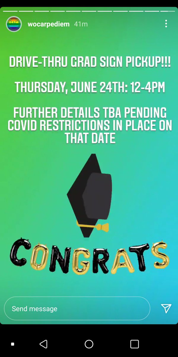 WOCarpeDiem's tweet photo. Hey grads! Circle the date Thursday June 24 (12 noon - 4 pm) for Drive Thru Grad Sign Pickup! (further details TBA pending Covid guidelines in place at that time).
#wearewo #carpediem https://t.co/KthcqrZsir