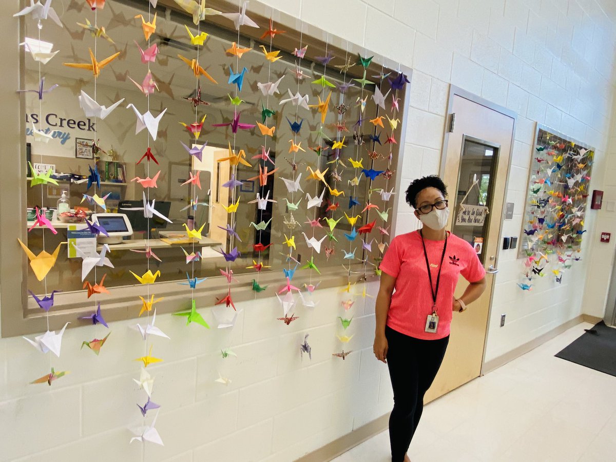 The entrance of our school has a pop of color &amp; a lot of love thanks to <a href="/RenvilleJ/">J Renville</a> and the fifth grade hawks  that will be leaving the nest! They are leaving us but also leaving a legacy of hope with the symbol of 300+ cranes. Take a peek! #OnceAHawkAlwaysAHawk <a href="/HortonsCreekES/">Hortons Creek ES</a>