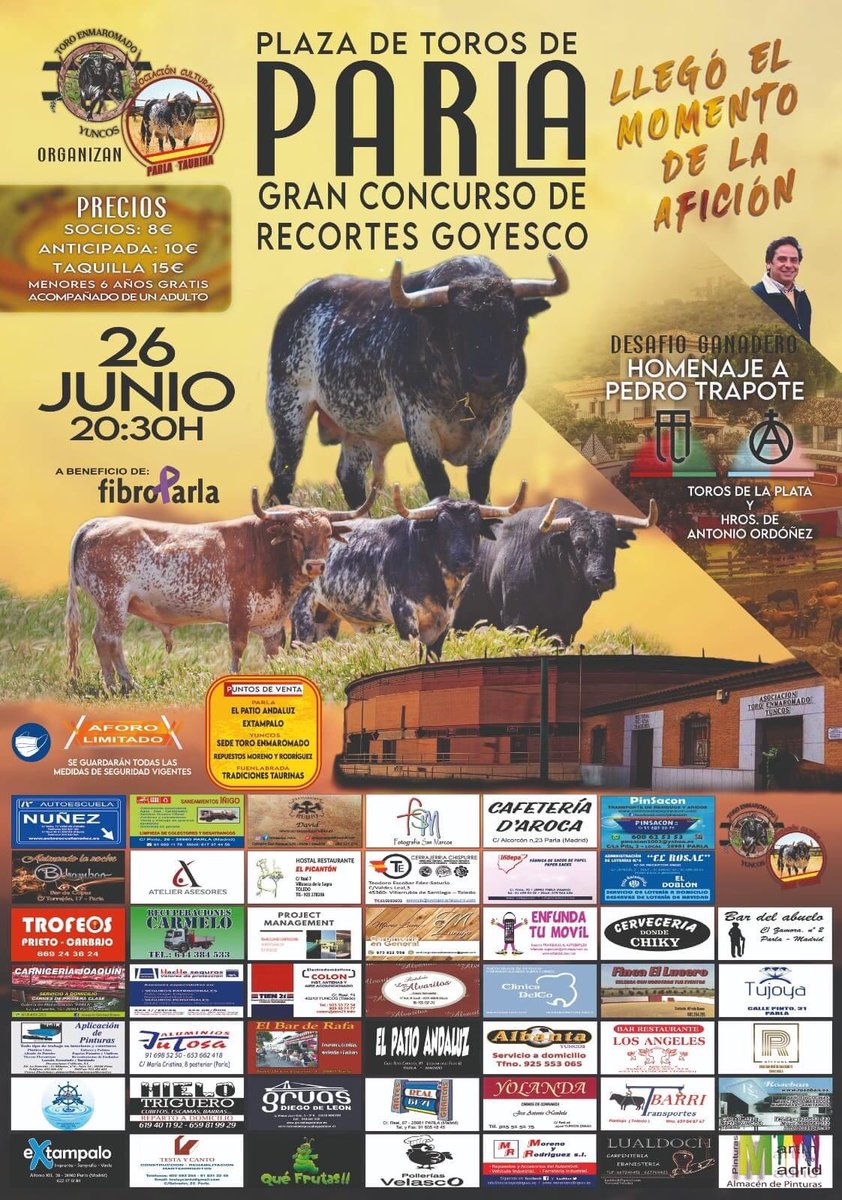 Ya está aquí ! 
No es uno más, es el concurso de la AFICIÓN!
Por el ganadero, por las asociaciones, por los recortadores, por Parla, por Yuncos y por todos los aficionados! Nos vemos el 26 en Parla!
<a href="/parla_taurina/">Asociación Cultural Parla Taurina</a> <a href="/ToroEnmarYuncos/">ToroEnmaromadoYuncos</a> 
#DefendiendoañosdeTradición