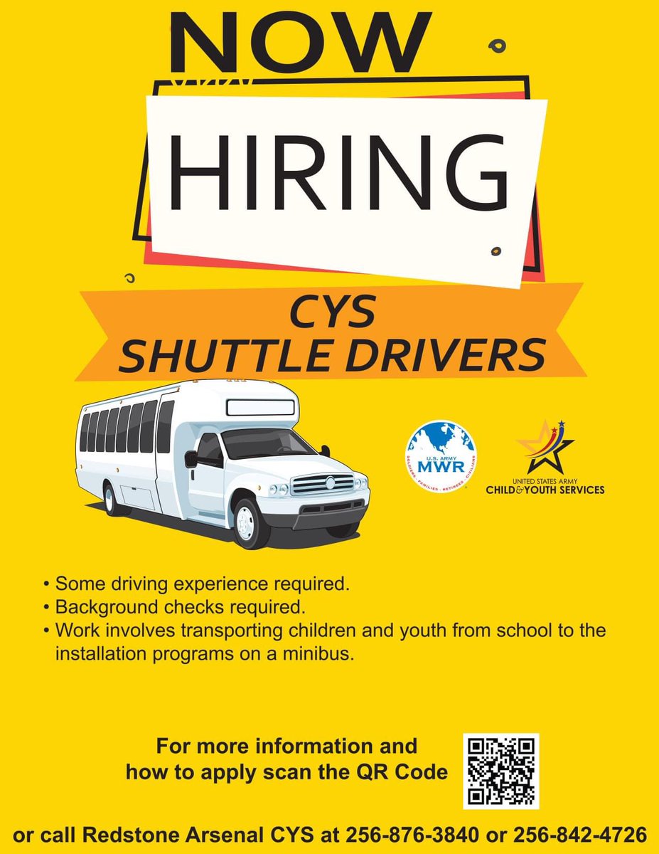 Redstone Arsenal Child &amp; Youth Services (CYS) is looking for qualified, energetic people to become Shuttle Bus Drivers!

For more information, please see attached flyer or call 256-842-4726 or  256-876-3840.