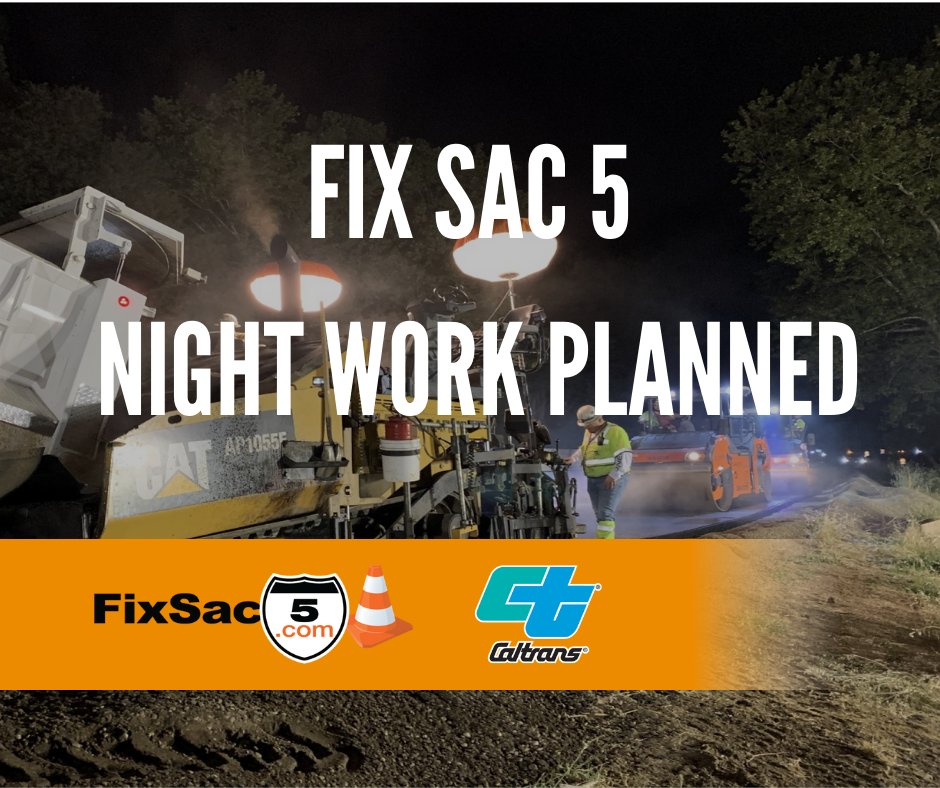 #FixSac5 Update! 🚧 Night work is scheduled 6/6 to 6/9 from 9 p.m. - 5 a.m. on SB I-5 from Sutterville Rd. to US-50 Connector. Loud noises will occur as work is underway. Visit FixSac5.com for details and upcoming work. <a href="/CaltransDist3/">Caltrans District 3</a> <a href="/CaltransHQ/">Caltrans HQ</a> <a href="/TheCityofSac/">City of Sacramento</a>