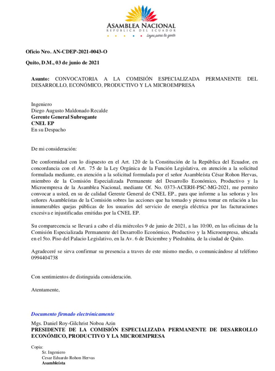 ecuainm_oficial's tweet photo. ▶️#IMPORTANTE Presidente de la Comisión de @DesarrolloEcAN solicita la comparecencia del gerente de @CNEL_EP y @ARC_EnergiaEc, para esclarecer hechos sobre denuncias de incrementos en planillas de servicio eléctrico. 👇 https://t.co/utCOw6xrZx