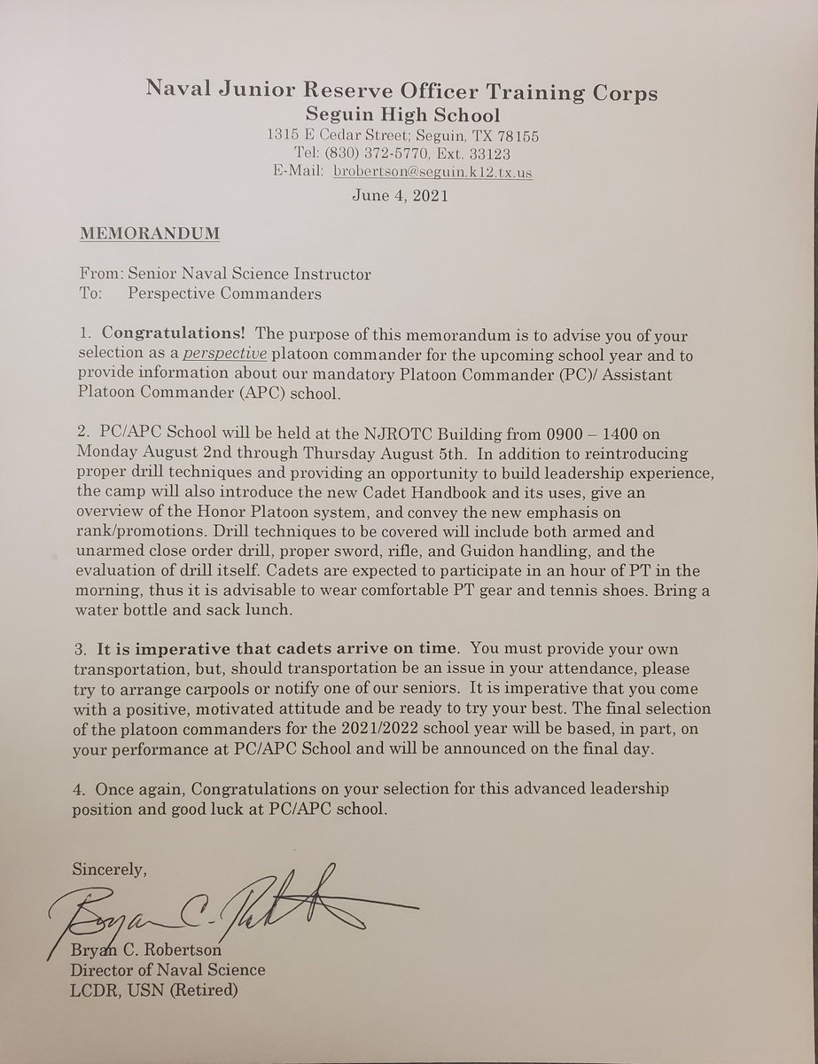 NJROTC4's tweet photo. ATTENTION CURRENT AND FUTURE ROTC STUDENTS!! The Senior Staff are hosting Platoon Commander training, August 2-5, from 9AM -2 PM. All students are encouraged to attend.  See the memo below for more info! https://t.co/QtNMdUWkTF