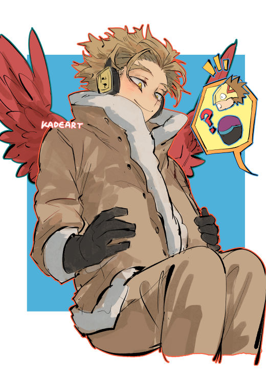 hawks (boku no hero academia) male focus fur-trimmed jacket blonde hair headphones wings fur trim gloves  illustration images