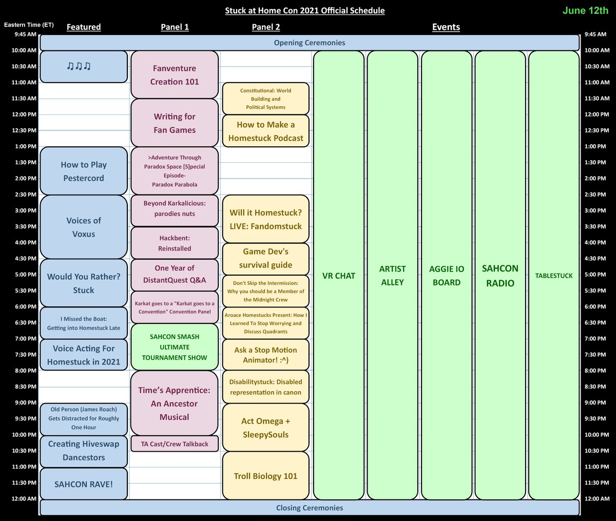 stuckathomecon's tweet image. THE 2021 STUCK AT HOME CON SCHEDULE IS NOW LIVE!

You can view the full view version and panel descriptions on our website!: sahcon.com/panel-schedule/

#homestuck #hiveswap #fanstuckfriday #sahcon