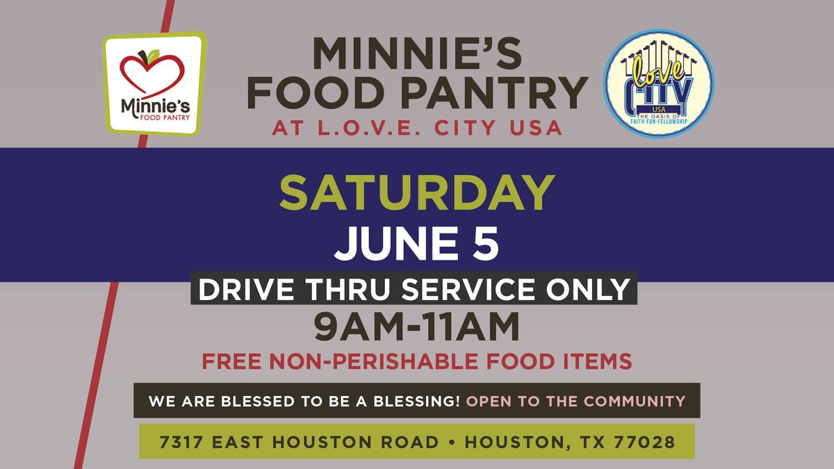 Minnie's Food Pantry will be open to serve the community this Saturday <a href="/lovecityusa/">Love City USA</a> if you are in need or know someone in need of non-perishable food items.