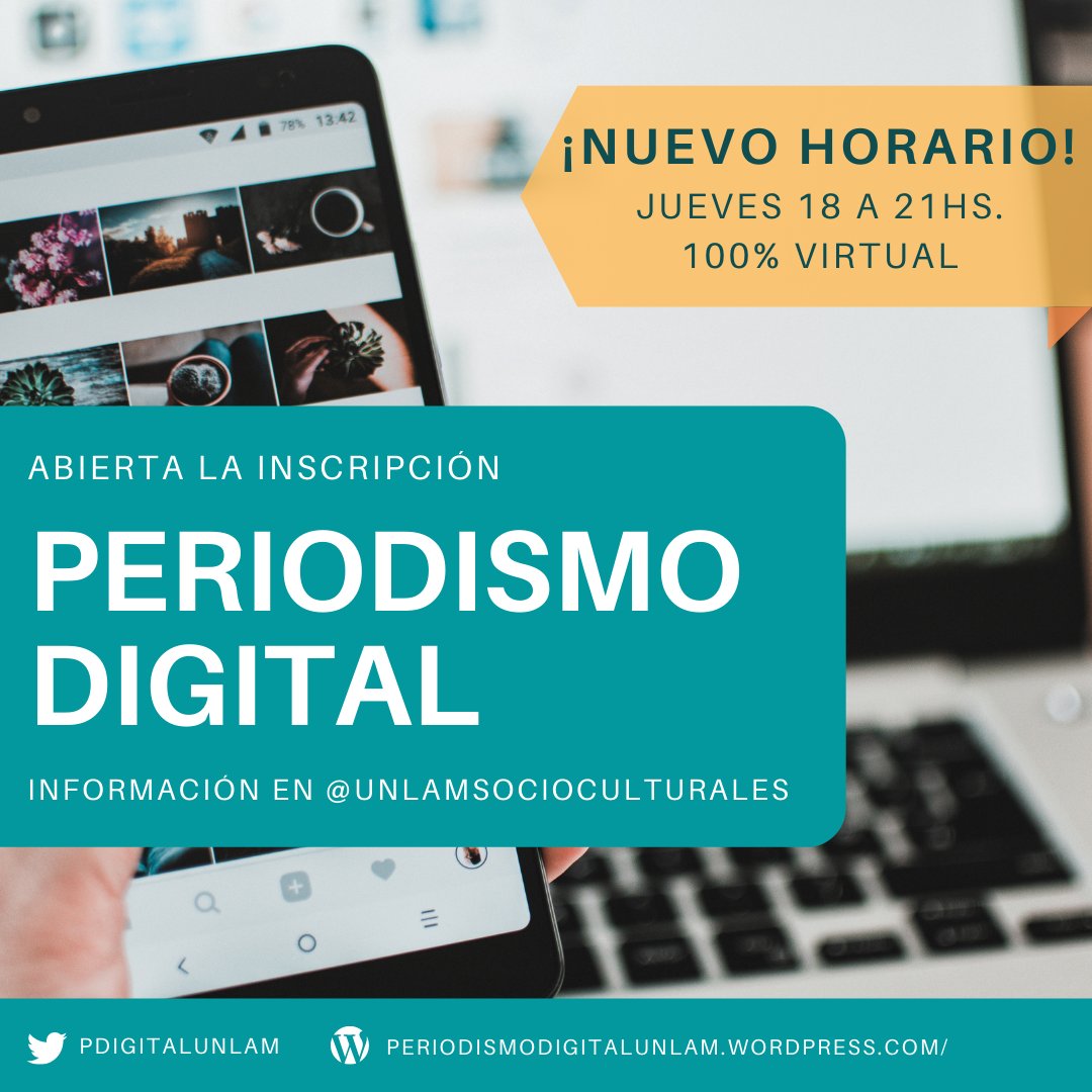 La próxima semana inicia un nuevo ciclo de los cursos de capacitación en #PeriodismoDigital. ¡No te quedes afuera! La inscripción es online de 10 a 20 hs. en cursosextracurriculares.unlam.edu.ar 🤳
📱 Cualquier consulta la pueden realizar por mensaje privado a <a href="/SocioCulturales/">UNLaM Socioculturales 💚🏛️</a> #Comunicación