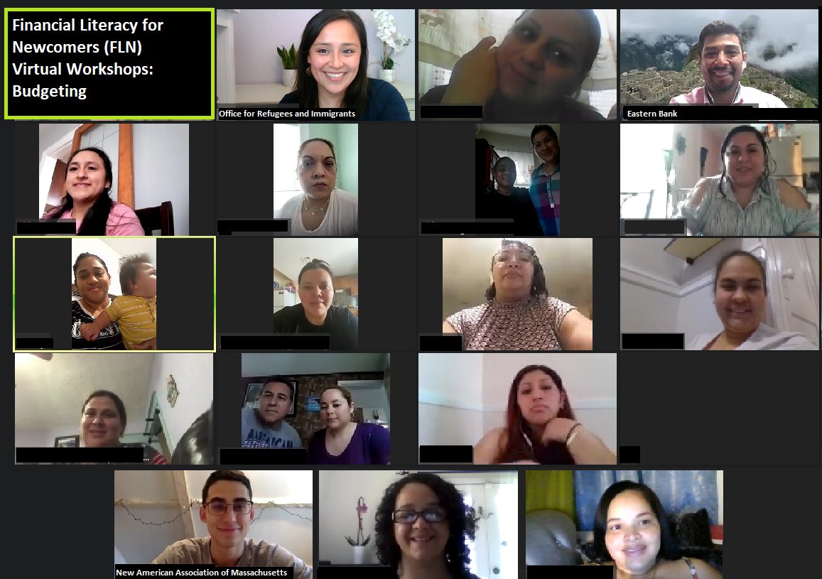 We've begun our 12th Financial Literacy for Newcomers (FLN) workshop series of 2021! Our partners <a href="/easternbank/">Eastern Bank</a> led an engaging workshop today on #Budgeting to 24 Spanish-speaking participants from the New American Association of Massachusetts (NAAM). 
<a href="/MassHHS/">Mass. Health and Human Services</a>
