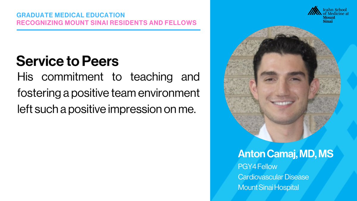 IcahnMountSinai's tweet photo. Dr. Anton Camaj, PGY4 Fellow, is committed to teaching and fostering a positive team environment. #ResidentAndFellowAppreciationWeek https://t.co/RDFLI68IC2