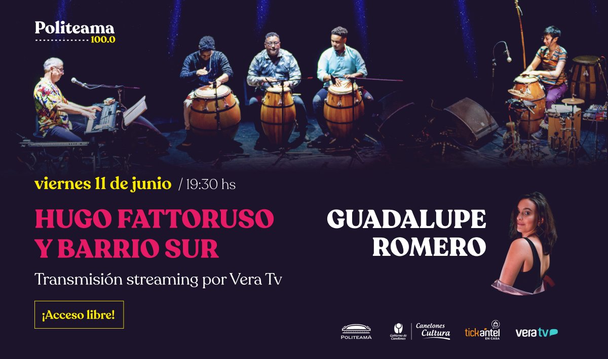 CCPoliteama's tweet image. ➡️ Los invitamos al festejo por nuestros #100años y lanzamiento de #Politeama100.0 
🗓️ Viernes 11 de junio 19:30 Hs.
👉Transmisión con acceso libre por Vera Tv
👉Nos acompañarán con un tremendo show
@HugoFattoruso y Barrio Sur y @_guadaromero