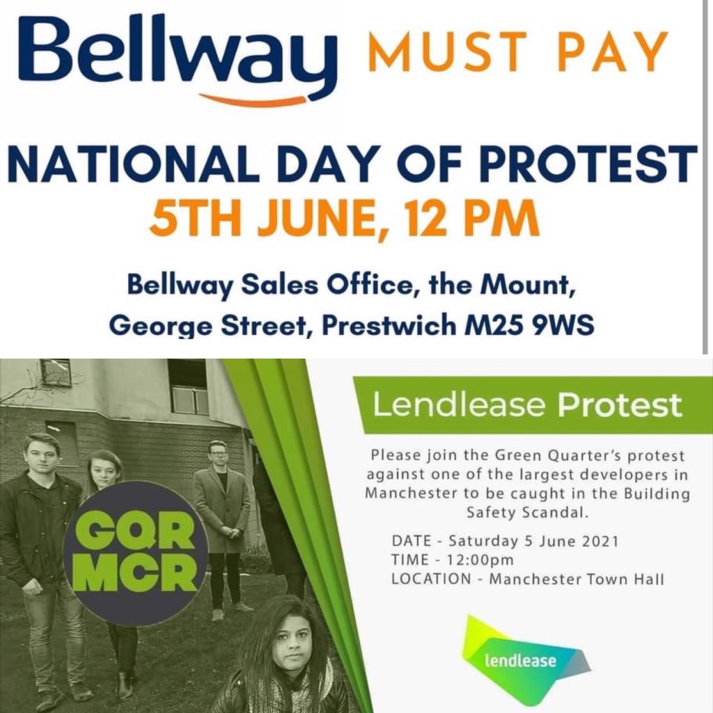 📣 Cladiators &amp; Supporters 📣 

Come and support these resident protests tomorrow (Saturday) at 12pm. 

📍Bellway - The Mount, George Street, Greater Manchester, M25 9WS

📍Lendlease - Manchester Town Hall, Albert Square, Manchester, M2 5DB
 
#EnoughIsEnough 
<a href="/EOCS_Official/">End Our Cladding Scandal</a>