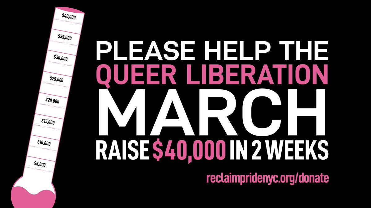 On a black background, pink and white text reads "SUPPORT THE QUEER LIBERATION MARCH AS WE WORK TO RAISE $40,000 IN 2 WEEKS. relcaimpridenyc.org/donate" On the right side of the text, there is a graphic of a thermometer. The thermometer has a pink stroke and a white background, and there are dotted and solid lines running horizontally across the thermometer. On each solid line is a number, counting up to $40,000. The thermometer is currently empty