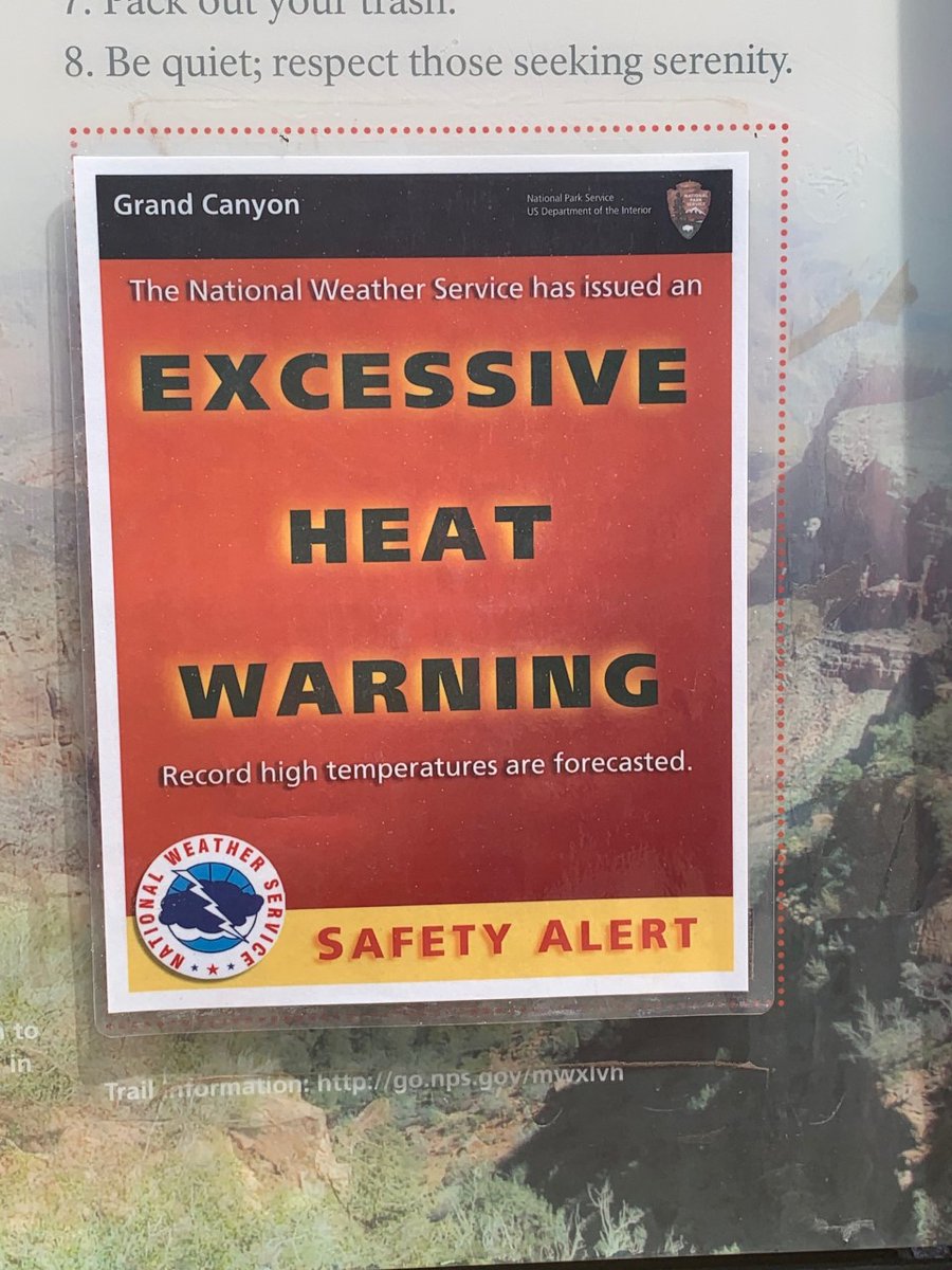 GrandCanyonNPS's tweet photo. We are currently experiencing excessive heat warnings here in the park. Drink plenty of water, eat salty snacks, take frequent rest breaks, know your limits, and hike in the cooler morning or evening hours. https://t.co/CsqLZJi8WS