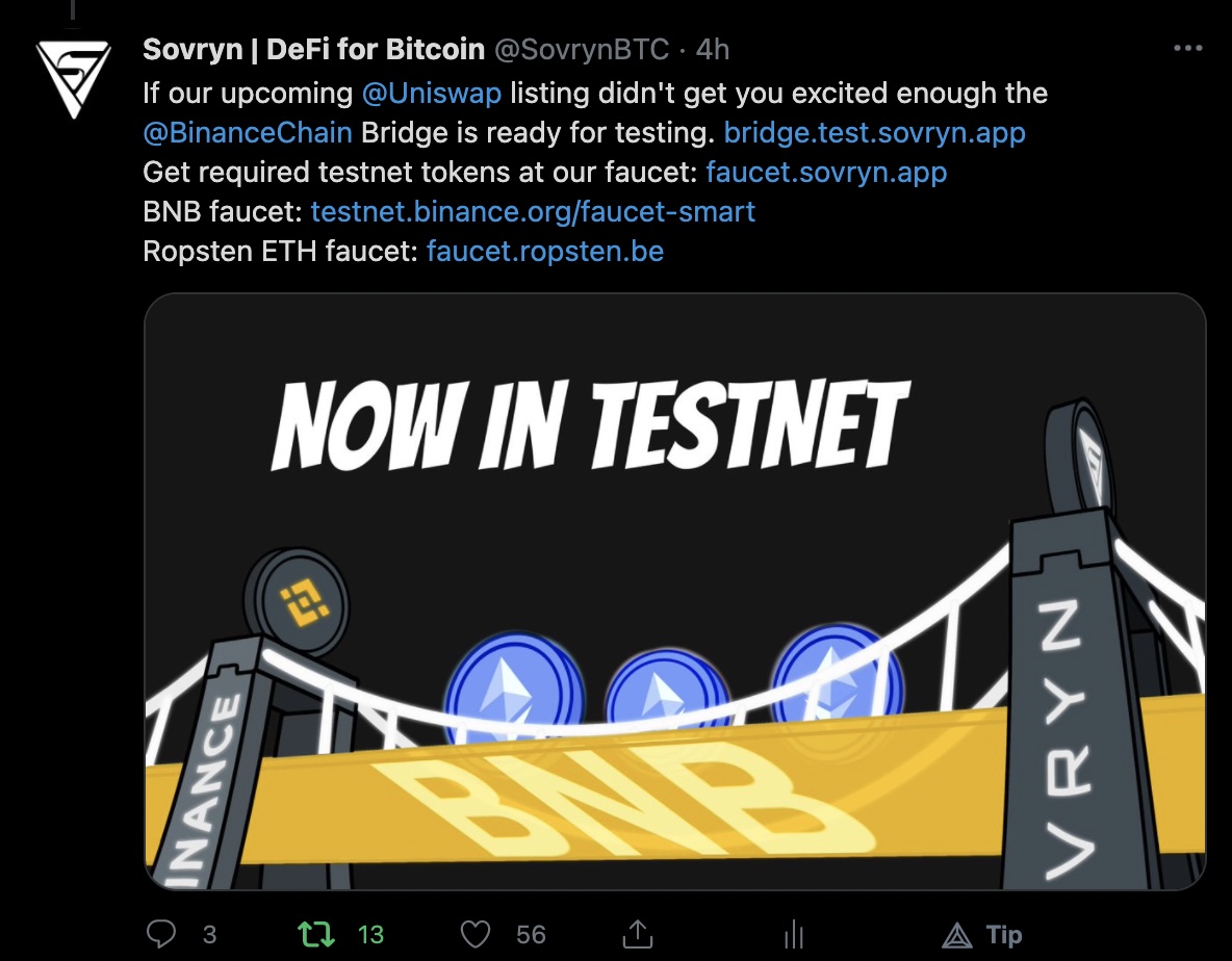 SovrynBTC's tweet photo. Just a normal friday here at Sovryn. Today we announced:

@Uniswap listing of SOV
@BinanceChain bridge in testnet
@mintlayer SIP for token launch on Origins
@gitcoin Hackathon with $500k in Bounties and grants
plus
@EdanYago spoke about #Bitcoin #Defi at Bitcoin Miami https://t.co/80hbExzTmj