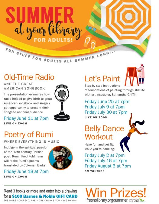 FCPL's tweet photo. Summer at Your Library isn't just for kids! This June and July, we're providing some great (free) programs for adults. We hope you can join us!
Details at https://t.co/flZfxaNByC
#fresnolibrary #summerfun #SummerReadingChallenge https://t.co/iPmOdkMbO6