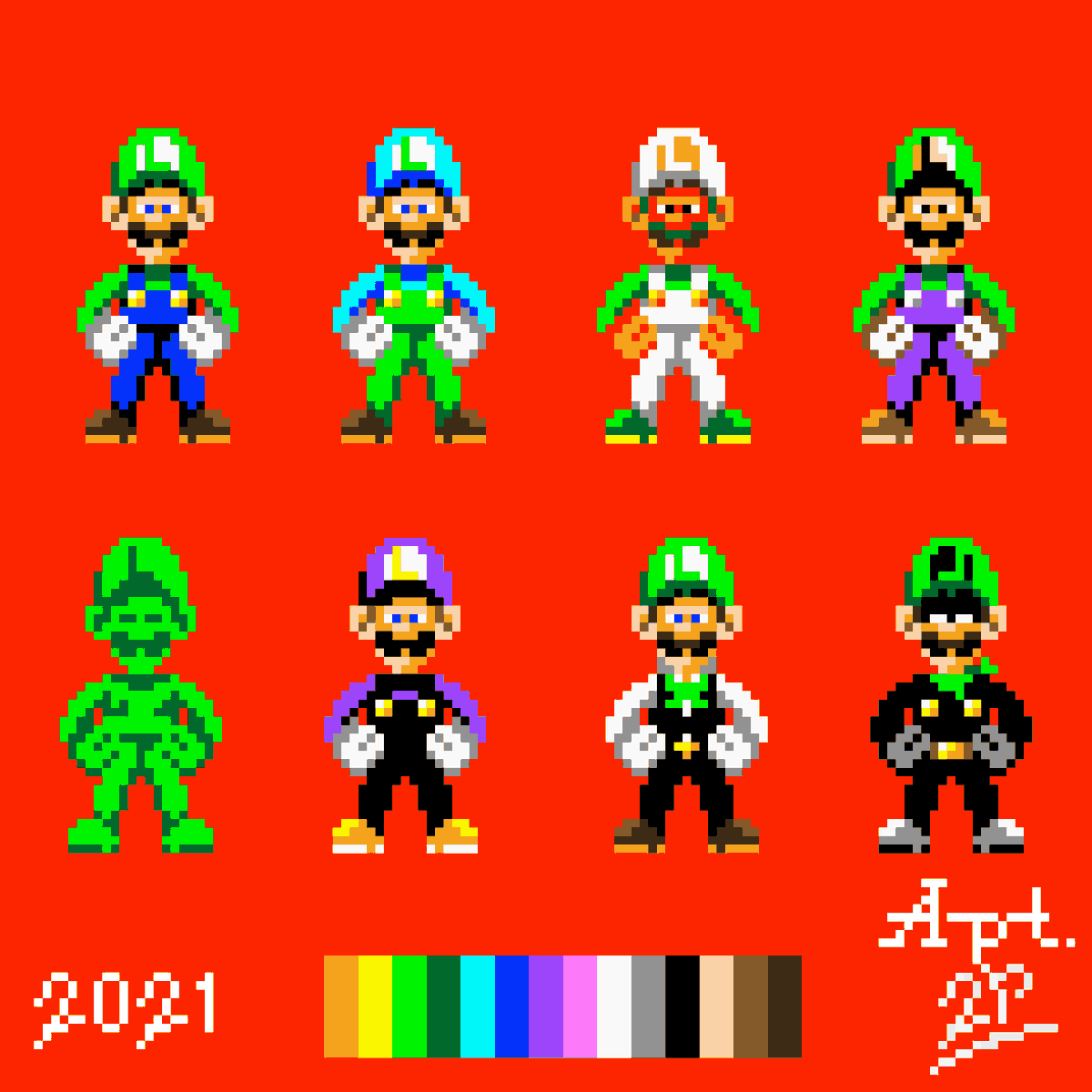 Apartment2P's tweet photo. "#Luigi time!"๐
A lil'#PixelArt Luigi + my ideal #SmashBros alt costumes!๐
โ#IceLuigi
๐น#arcade/#NES-inspired
๐ฆ#SuperMarioWorld
๐ฆ #Gooigi
๐#Waluigi
๐ฐ#SM64DS/#NewSMB minigames
๐ค#MrL
Also polished my previous lil' Mario a bit more to complement!โจ#FanArt #Apt2P #MINIMAL15T https://t.co/asQiXhO4Wy