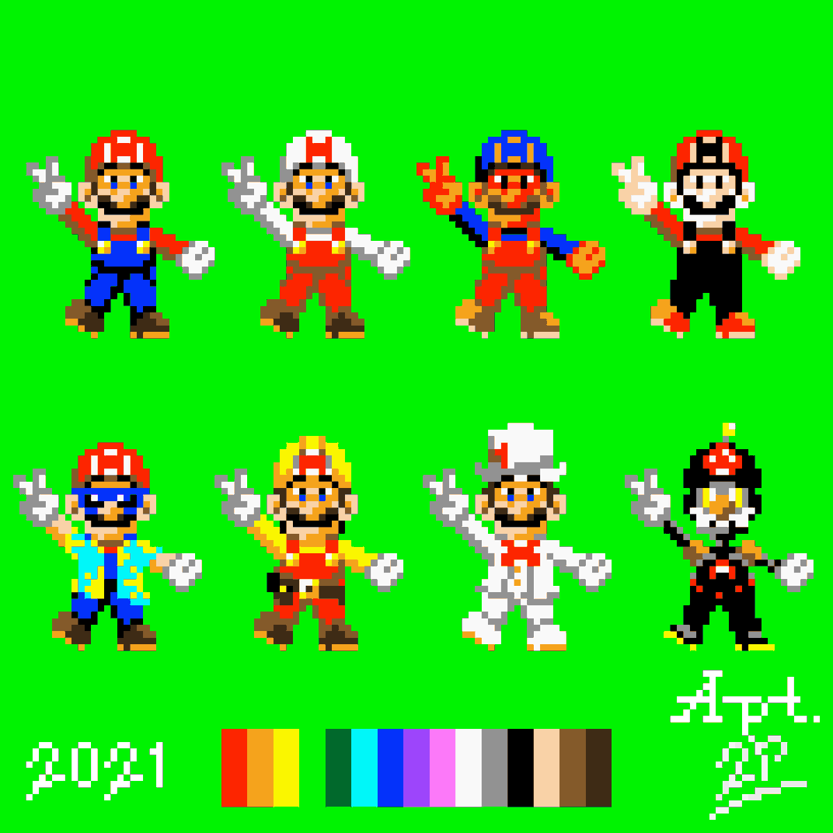 Apartment2P's tweet photo. "#Luigi time!"๐
A lil'#PixelArt Luigi + my ideal #SmashBros alt costumes!๐
โ#IceLuigi
๐น#arcade/#NES-inspired
๐ฆ#SuperMarioWorld
๐ฆ #Gooigi
๐#Waluigi
๐ฐ#SM64DS/#NewSMB minigames
๐ค#MrL
Also polished my previous lil' Mario a bit more to complement!โจ#FanArt #Apt2P #MINIMAL15T https://t.co/asQiXhO4Wy