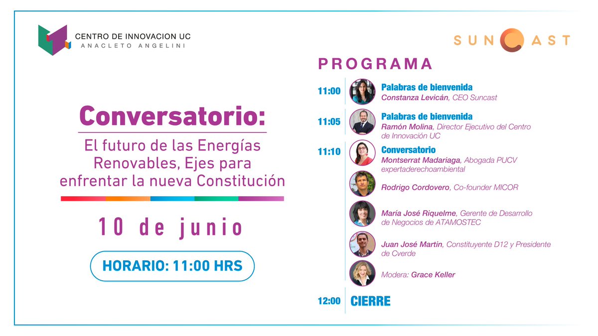 Suncast Chile (@suncastchile) on Twitter photo El Futuro de las Energías Renovables: Ejes para enfrentar la Nueva Constitución, es el nombre del webinar que organiza <a href="/SuncastChile/">Suncast Chile</a> y el <a href="/CentroinnovaUC/">Centro de Innovación UC</a>.
Inscripciones welcu.com/centroinnovauc…
#EnergíaYConstitución #EnergiasRenovables #Suncast
#CentroinnovaUC #NuevaConstitucion El Futuro de las Energías Renovables: Ejes para enfrentar la Nueva Constitución, es el nombre del webinar que organiza <a href="/SuncastChile/">Suncast Chile</a> y el <a href="/CentroinnovaUC/">Centro de Innovación UC</a>.
Inscripciones welcu.com/centroinnovauc…
#EnergíaYConstitución #EnergiasRenovables #Suncast
#CentroinnovaUC #NuevaConstitucion