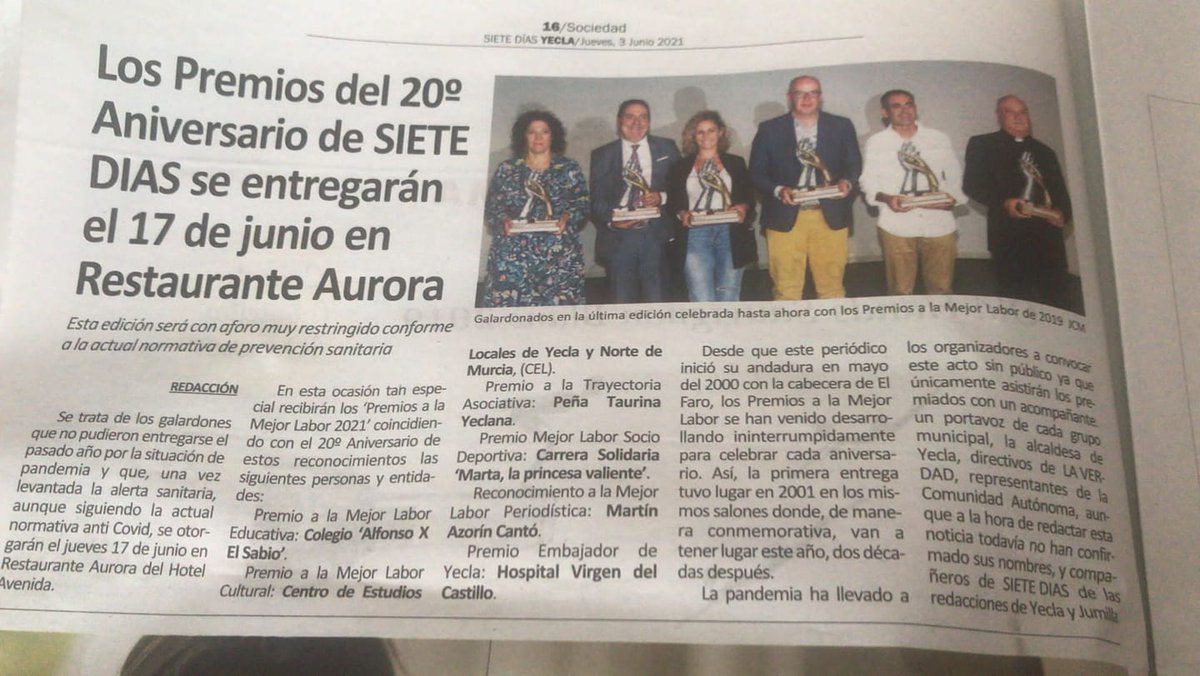 Gracias al Periódico Siete Días Yecla por darnos este premio 😃😃. Estamos muy orgullosos, pero hay que reconocer que sin el apoyo de nuestra familia, los Fondistas Yecla y la colaboración de cada uno de vosotros que aporta su granito de arena, ésta "Carrera" no sería posible. 💪