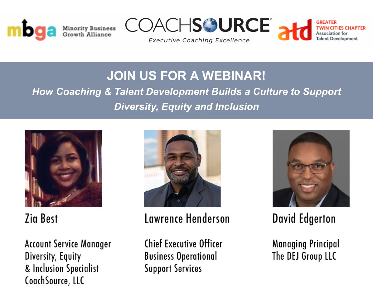 CoachSourceLLC's tweet photo. Join us for a webinar co-hosted by Minority Business Growth Alliance, @atd and @CoachSourceLLC on How #Coaching &amp; #TalentDevelopment Builds a Culture to Support #Diversity #Equity &amp; #Inclusion.

Wednesday, June 30th
10am PT, 12pm CT, 1pm ET, 7pm CEST
https://t.co/J7NBIvdSaN https://t.co/WNrBFJXJvr
