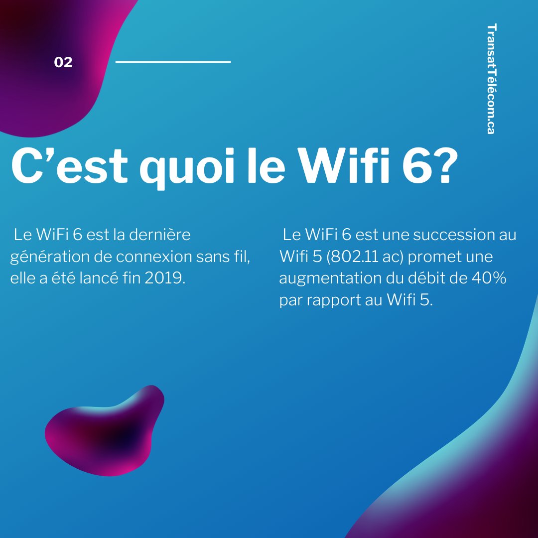 TransatTelecom's tweet photo. La dernière génération du Wifi, le wifi-6 lancé fin 2019
Ce dernier nous promet des performances bien meilleures que ses anciennes versions!
Nous vous laissons découvrir cette technologie en images.⬇️⬇️
#WiFi #internet #Montreal #ISP https://t.co/H6ux8iXCyx