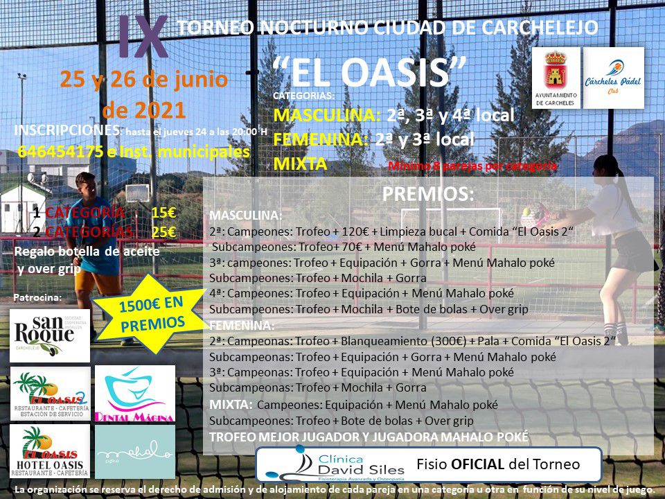 #DEPORTES | IX Torneo de Pádel Ciudad de Carchelejo los días 25 y 26 de Junio. Con protocolo Anti Covid  y todas las medidas de seguridad. Inscripciones hasta el Jueves día 24 a las 20:00 h.
